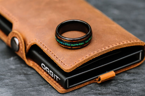 orbti tan leather wallet with tungsten ring