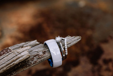 white ceramic ring with moissanite ring