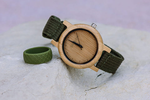 Orbit Bambi wooden watch with green silicone ring