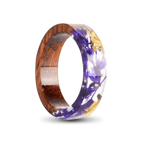 Ring With Half Wood and Half Transparent Resin with Purple Pigment and Gold Foil