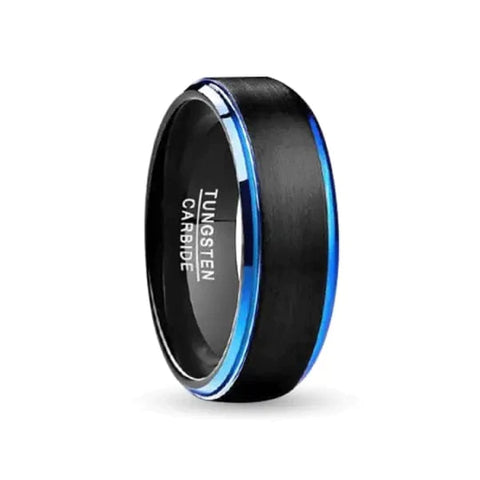 black tungsten carbide ring with blue outer line