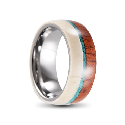 Silver Titanium Ring With Wood, Antler and Turquoise Inlay