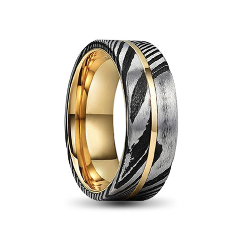 Gold Tungsten Carbide Ring With Silver and Black Damascus Outer