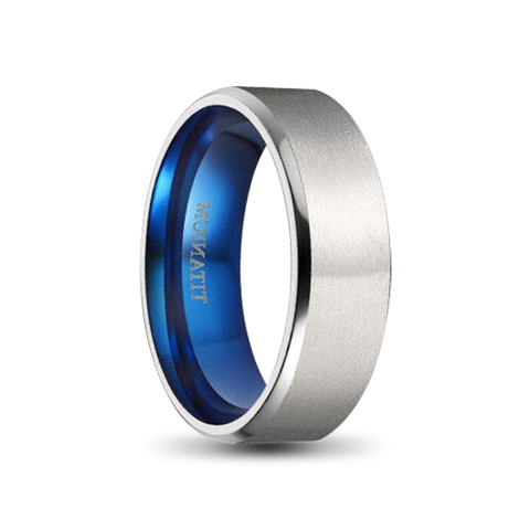 Silver Titanium Ring With Blue Inner and Hammered Outer