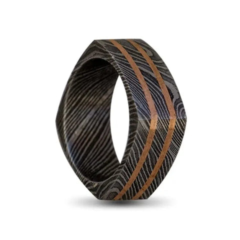 Square Designed Damascus Steel Ring with Copper Inlays