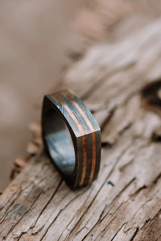 Square Damascus Steel Ring With Two Bronze Inlays