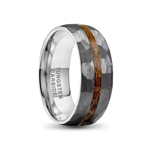 Silver Hammered Tungsten Carbide Ring With Whiskey Barrel Wood Inlay
