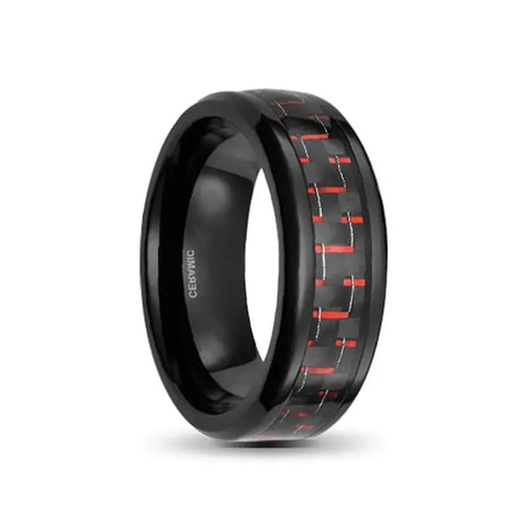 Black Ceramic Ring With Red Carbon Fibre Inlay