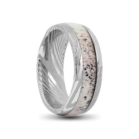 Silver Damascus Steel Ring with Deer Antler Inlay