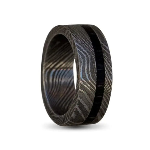 Damascus Steel Ring with Off Center Black Inlay