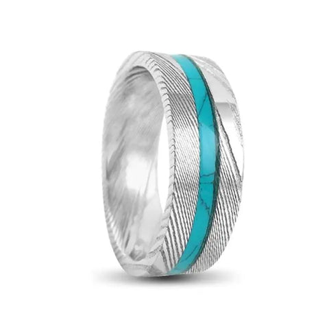 Wood Grain Pattern Damascus Steel Rings With Center Blue Turquoise Inlay
