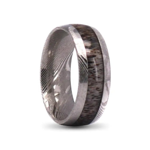 silver damascus steel ring with antler inlay