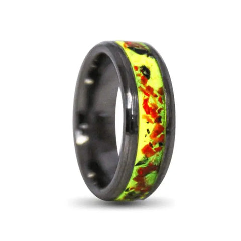 Silver tungsten Ring with Inlay of Crushed Red Opal with Obsidian and Yellow Glow Powder