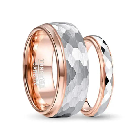 His and Hers Gols Tungsten Carbide Rings With Hammered Silver Outer