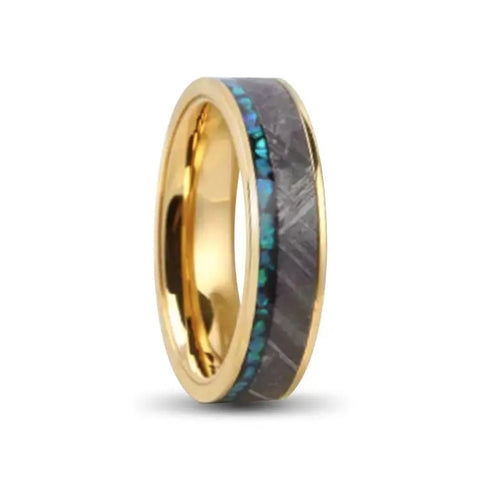 Gold Stainless Steel Ring With Blue Opal and Meteorite Inlays