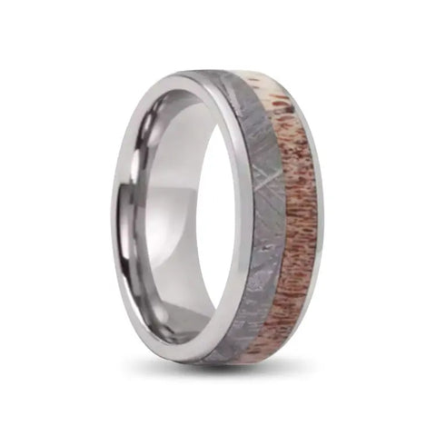 Silver Titanium Ring With Meteorite and Antler Inlay