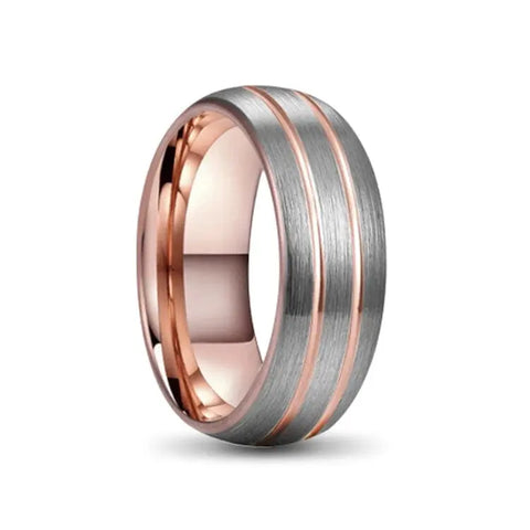 Men's Rose Gold Tungsten Wedding Ring on White Backdrop