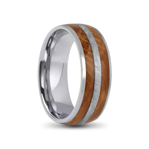 Stainless Steel Ring With Wood and Meteorite Inlays