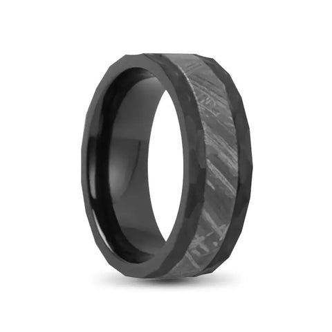 Hammered Black Tungsten Carbide Ring With Meteorite Inlay