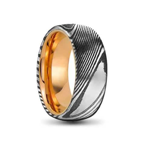 Rose Gold Tungsten Ring with Silver Damascus Outer