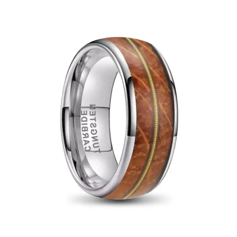 Silver Tungsten Carbide Ring With Whiskey Barrel Wood and Guitar String Inlay