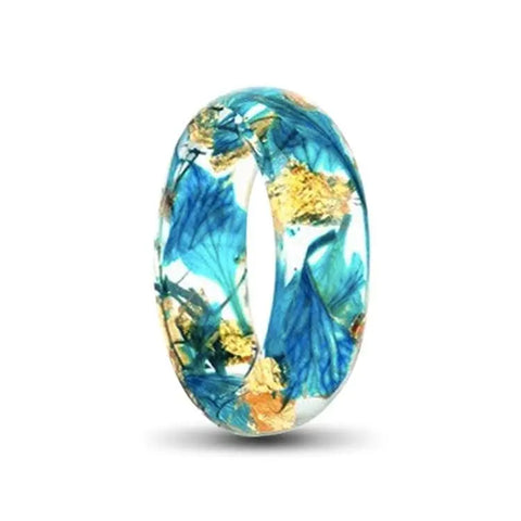 Transparent Resin Ring with Blue Dried Flowers and Gold Foil