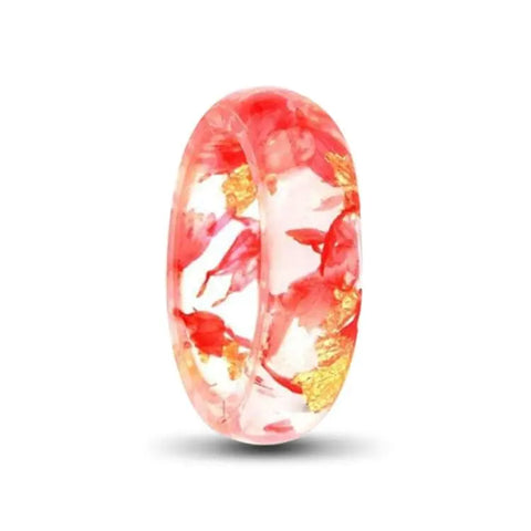 Transparent Resin Ring With Dried Red Flowers and Gold Foil