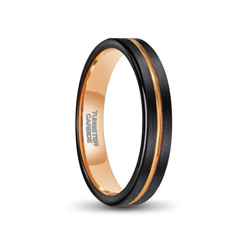 rose gold tungsten carbide ring wirg black outer and gold stripe inlay