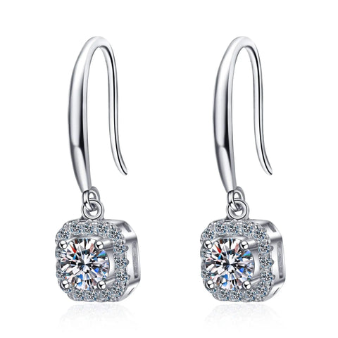 Moissanite Earrings With Round Moissanite Stone In Square Moissanite Surrounding