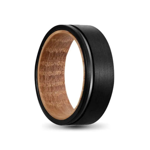 Men's Wooden Wedding Ring with Black Inlay on White Backdrop