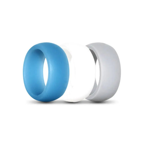 Mens Blue, White and Silver Silicone Rings Three Pack