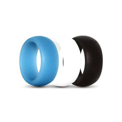 Blue,White and Black Silicone Rings on White Backdrop