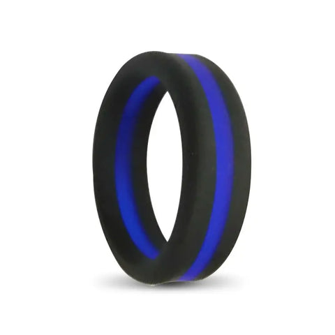 mens stripe black silicone ring with blue stripe inlay