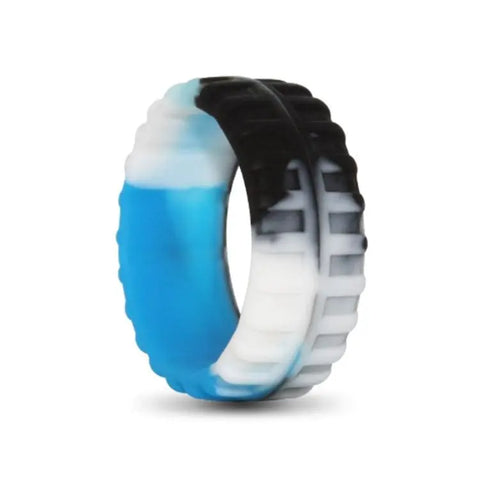 Tyre Silicone Ring with Blue, White and Grey Accents on White Backdrop