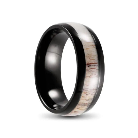 Domed Black Titanium Ring With Antler Inlay