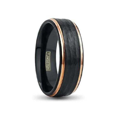 Black Tungsten Ring with Hammered Brushed Finnish and Stepped Rose Gold Edges