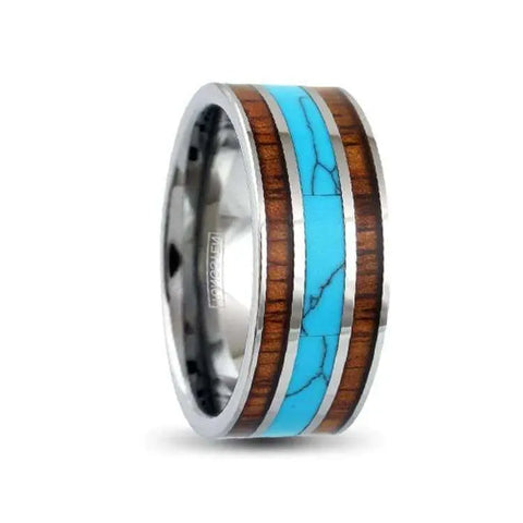 Silver Tungsten Ring with Turquoise and Koa Wood Inlay