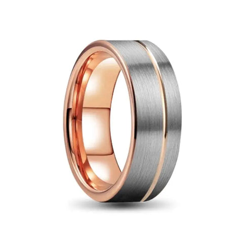 Rose Gold Tungsten Ring with Polished Silver Inlays