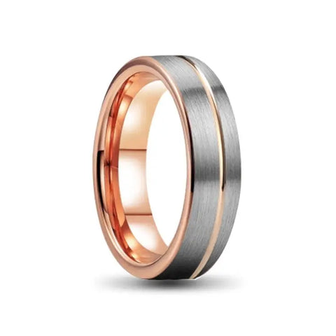 Rose Gold Tungsten Ring With Silver Inlays on White Backdrop