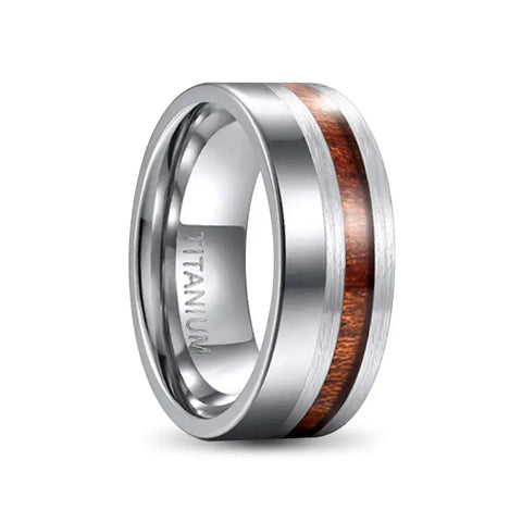 Silver Titanium Ring With Wood Inlay and Engraving