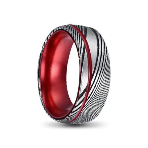 Red Tungsten Carbide Ring With Damascus Outer