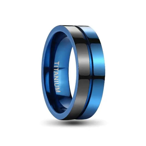 Polished Blue Titanium Ring with Satin Black and Blue Finish on White Backdrop