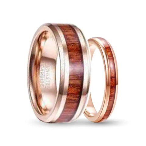 His and Hers Rose Gold Tungsten Carbide Rings With Wood Inlays