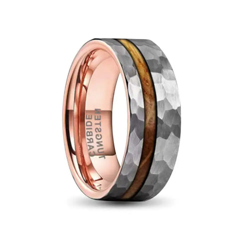 Rose Gold Tungsten Carbide Ring With Hammered Silver Outer and Whiskey Barrel Wood Inlay