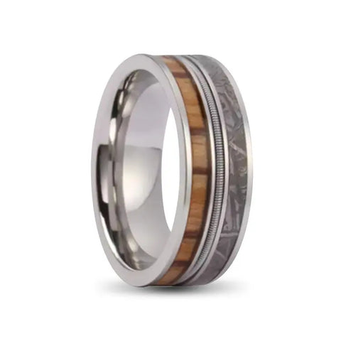 Silver Titanium Ring With Wood, Guitar String and Meteorite Inlays