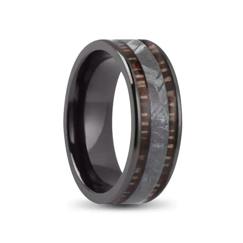 Black Tungsten Carbide Ring With Zebra Wood and Meteorite Inlay