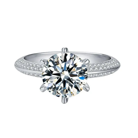 Sterling Silver Moissanite Ring with Round Cut Diamond on White Backdrop