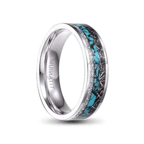 Silver Titanium Ring with Threaded Inlay of Blue, Silver and Black