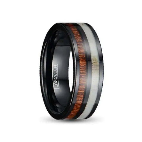 Black Tungsten Ring with Marble and Wood Inlays on White Backdrop