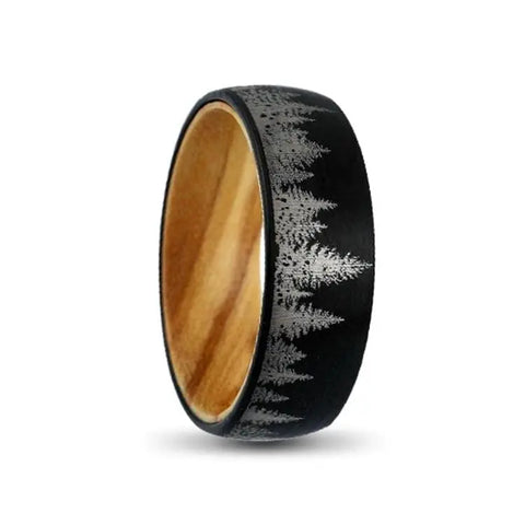 Black Tungsten Carbide Ring with Forrest Pattern and Olive Wood Inner